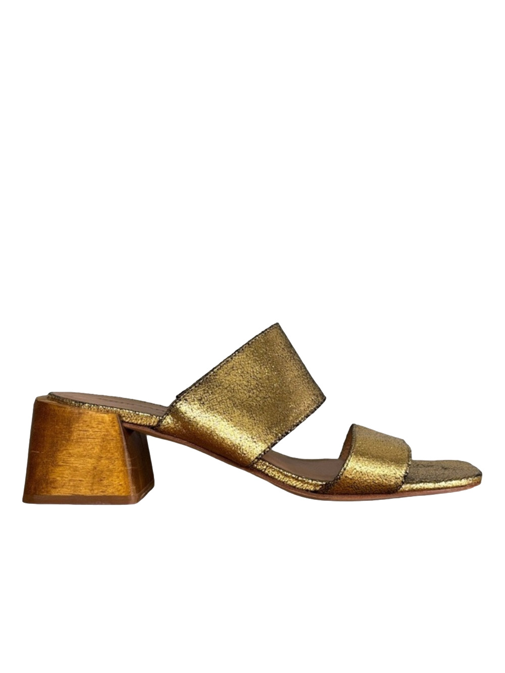 Bernardo Y2K Bri Metallic Gold Crackle Leather Slide Sandals Chunky Heel